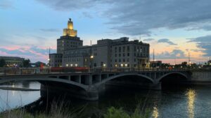 Downtown Cedar River bridge at dusk